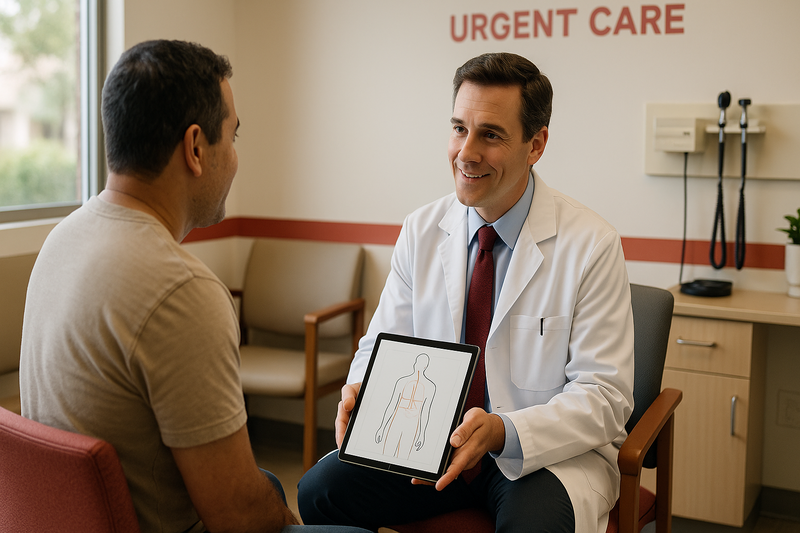 Modern urgent care consultation in California with physician and patient discussing emergency care services near me