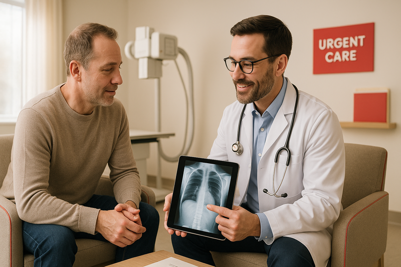 Physician explaining X-ray results to a patient in a modern urgent care exam room with on-site imaging, highlighting urgent care near me benefits