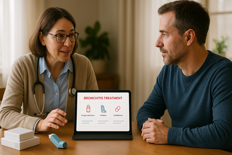 Physician and patient discuss bronchitis treatment at home using a tablet chart comparing options