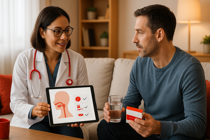 Doctor compassionately explaining best medicine for sore throat options to an adult patient using a tablet with throat diagram and chart