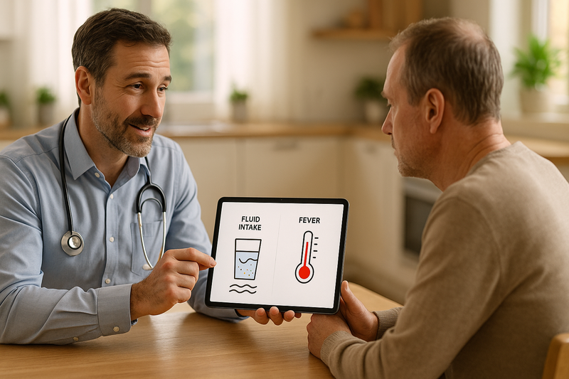 Doctor demonstrating hydration and symptom relief at home to patient, showing how to get rid of the flu fast