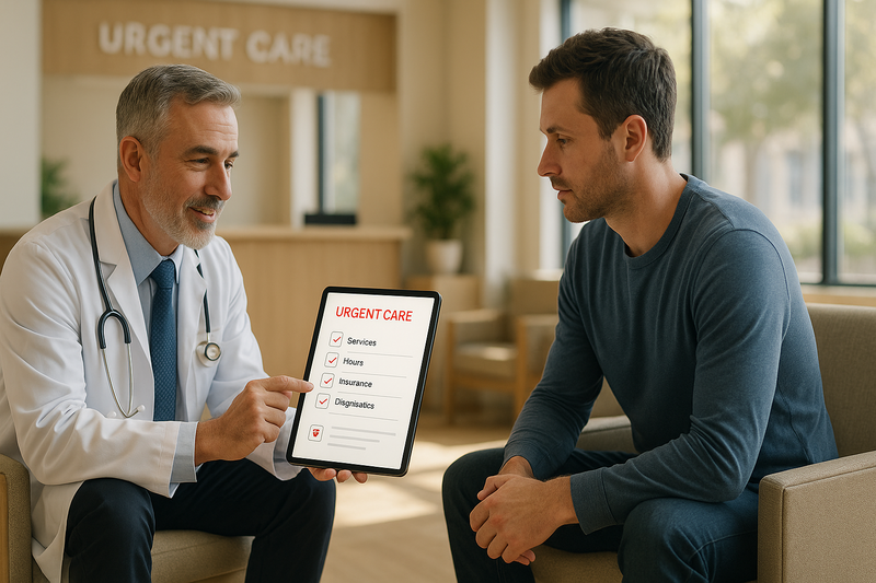 Physician and patient discussing a digital checklist on tablet for urgent care Los Angeles, including services, hours, insurance, and diagnostics in a bright, welcoming clinic setting