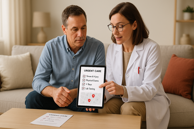 Physician helping a patient review urgent care services on a tablet, showing a checklist and clinic locations, in a welcoming California home