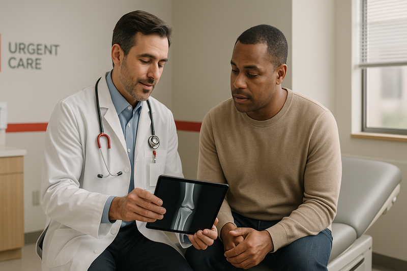 Physician and patient review digital forearm X-ray in a modern urgent care exam room, showing Prime Urgent Care's urgent care near me xray service.
