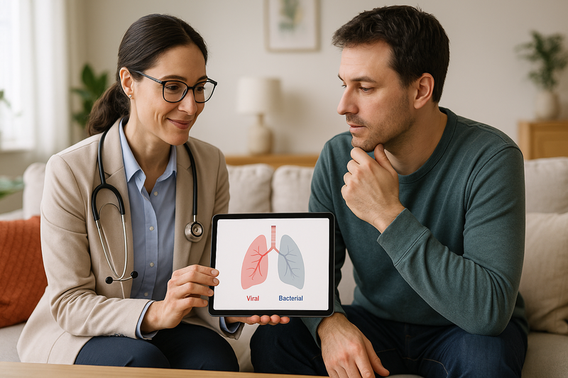 Doctor discussing bronchitis treatment with an adult patient using a lung diagram tablet, highlighting the difference between viral and bacterial infections.