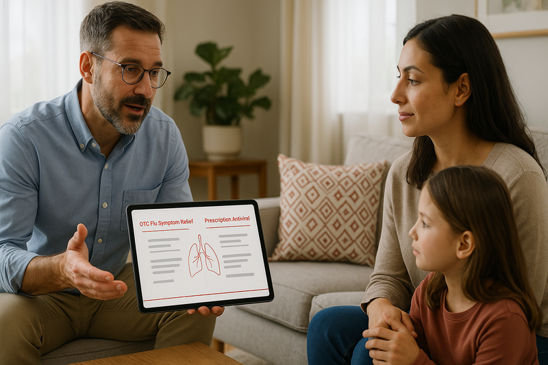 Physician explaining best over the counter for flu choice and prescription antiviral differences to patient in reassuring home setting, tablet comparison chart visible