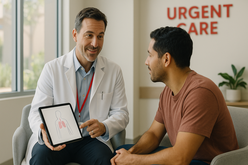 Physician with tablet consulting an adult patient at a modern urgent care Los Angeles clinic, highlighting approachable same-day medical care.