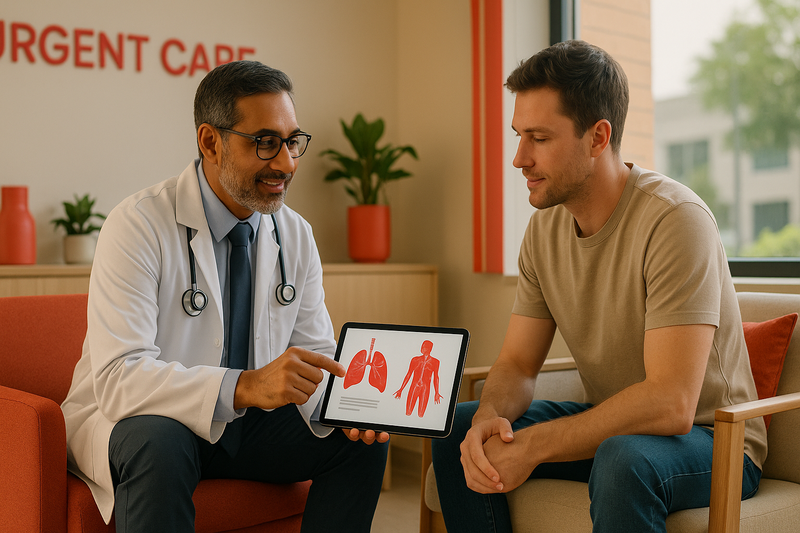 Modern Los Angeles urgent care clinic interior with doctor explaining treatment options to a patient, highlighting urgent care services Los Angeles offers.