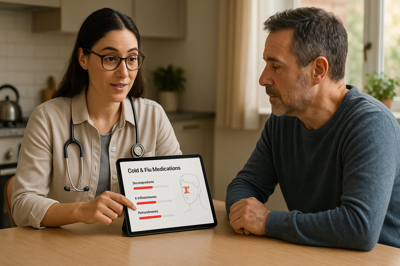 Physician explaining best cold and flu medicine categories to an adult patient using a tablet with medication charts in a calm home setting