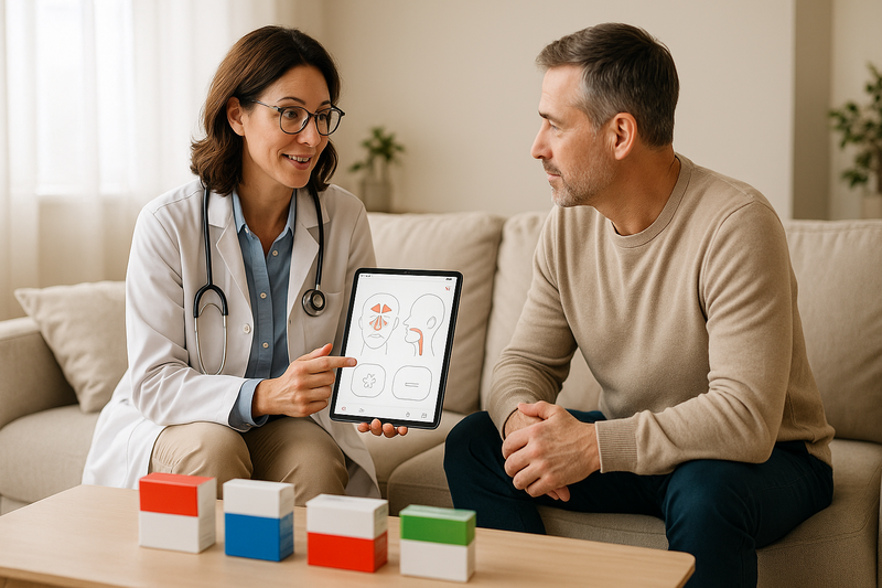 Physician consulting with adult patient in a comfortable home, discussing over the counter drugs for the flu using grouped medication boxes and a tablet showing sinus diagrams.