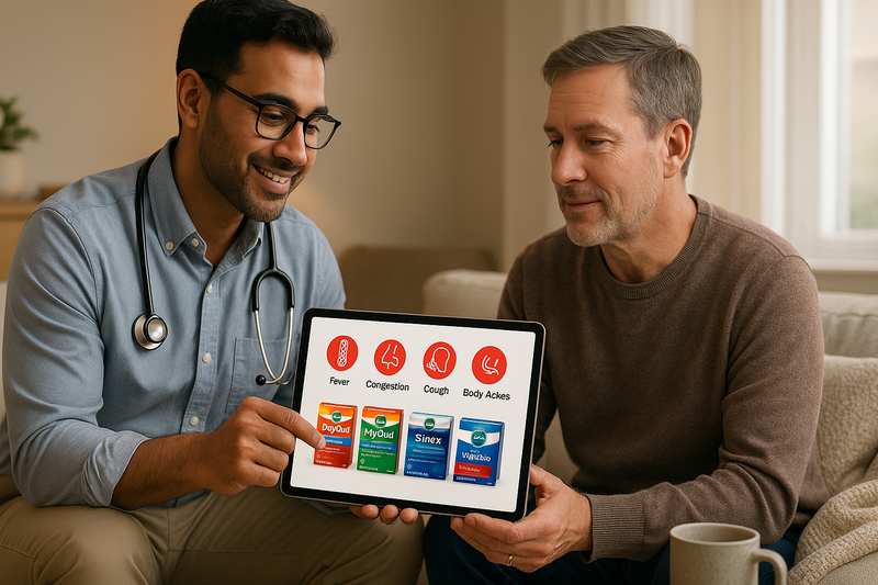 Physician showing top rated flu medicine options and a flu symptom chart to an adult patient in a bright home setting