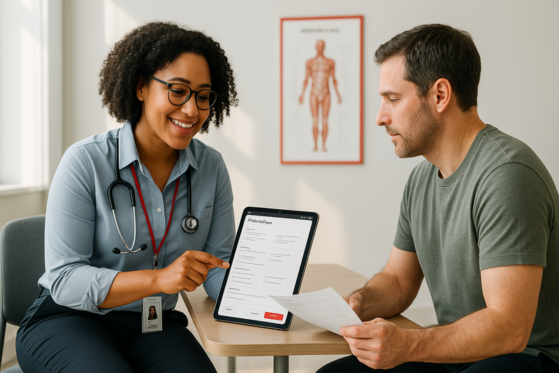 Healthcare provider reviewing annual physical exam form with patient on tablet at Prime Urgent Care clinic
