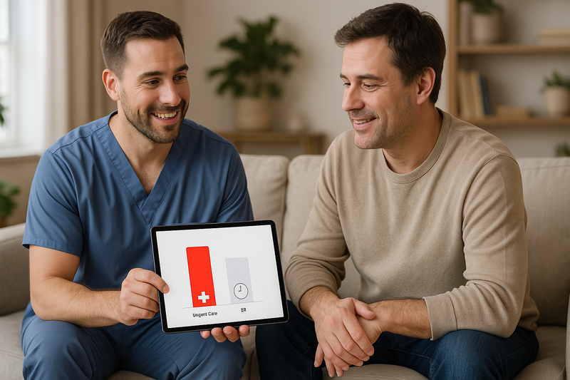 Healthcare provider discussing urgent care vs emergency room cost using a tablet bar chart in a calm home setting