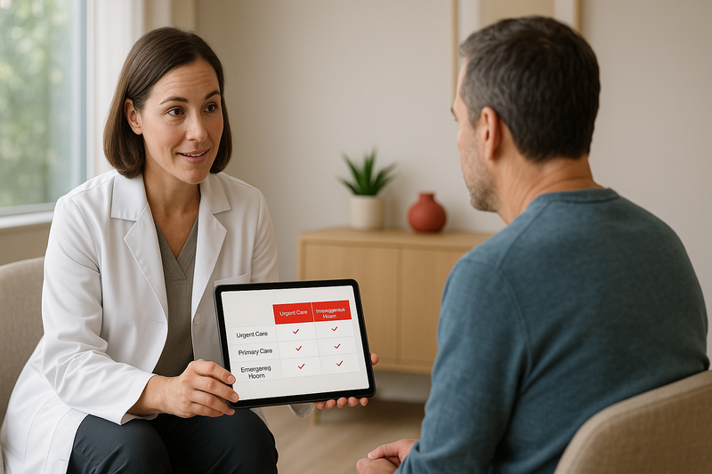 A physician consults with a patient using a tablet comparison chart of urgent care services Los Angeles, primary care, and emergency room options in a modern medical office.