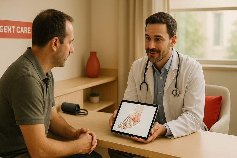 Physician explaining urgent care services to a patient during a calm consultation in a modern clinic, highlighting fast and professional care.
