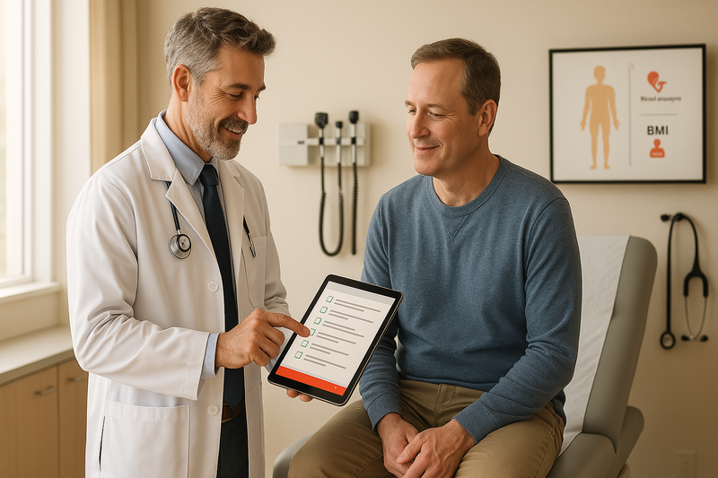 Physician consulting with adult patient during annual physical exam near me in a modern clinic setting