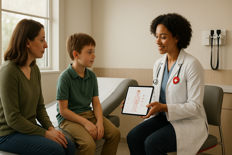 A pediatric provider in a modern urgent care clinic explains a child’s symptoms to a parent using a tablet—showcasing pediatric urgent care near me in a calm, family-friendly setting.