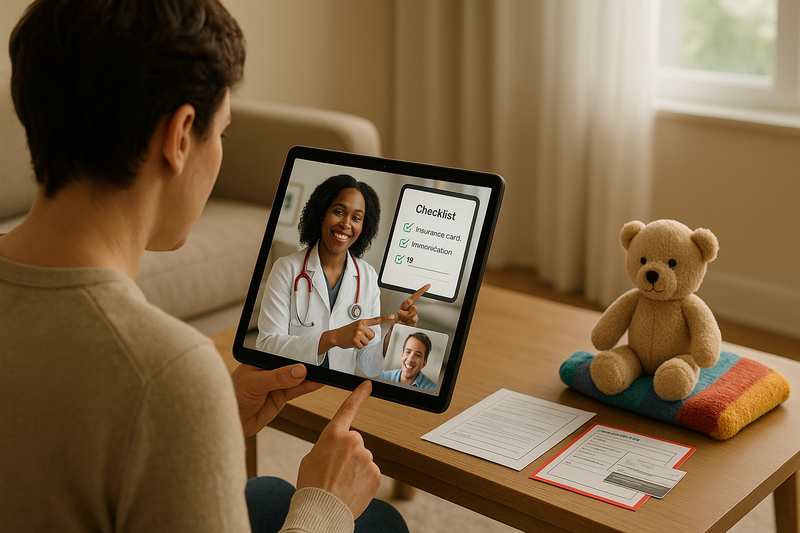 Parent preparing checklist on tablet for pediatric urgent care near me visit, with forms and comfort item ready in a bright home setting