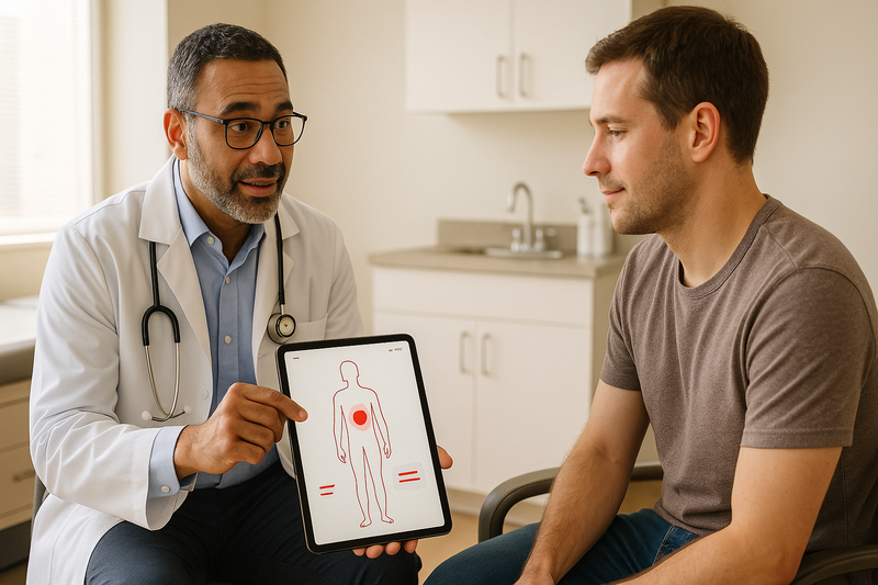 Physician discussing a treatment plan with a patient using a tablet in a modern urgent care simi valley exam room