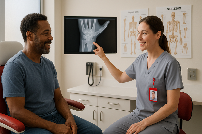 Clinician reviews a patient’s digital X-ray during an urgent care visit, providing reassurance and clarity for those seeking urgent care near me