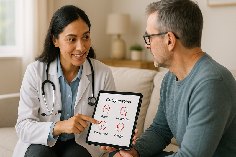 Clinician calmly shows an adult patient a flu warning symptoms checklist at home, highlighting when to go to hospital for flu.