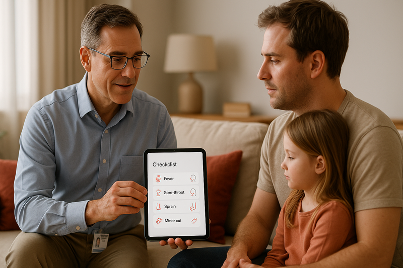 Physician reviewing urgent care vs emergency room checklist with an adult and child in a calm, reassuring home setting