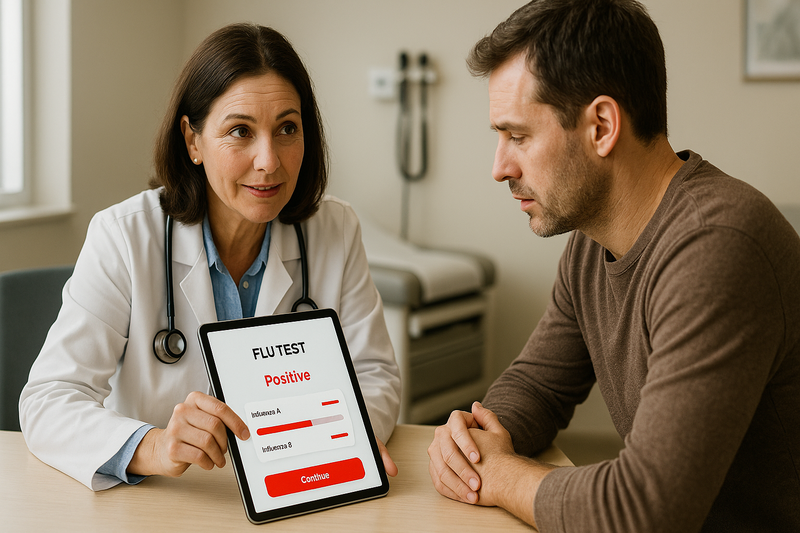 Physician reviewing flu test results with an adult patient in a modern clinic, highlighting the importance of over the counter drugs for the flu and when medical care is needed