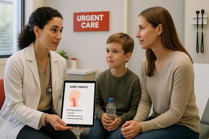 Healthcare provider discussing best medicine for sore throat treatment options with parent and child in an urgent care clinic using a tablet checklist.