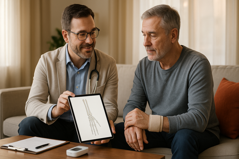 Physician reviews digital wrist bone diagram with patient wearing a brace, reinforcing urgent care near me xray evaluation for minor injuries.