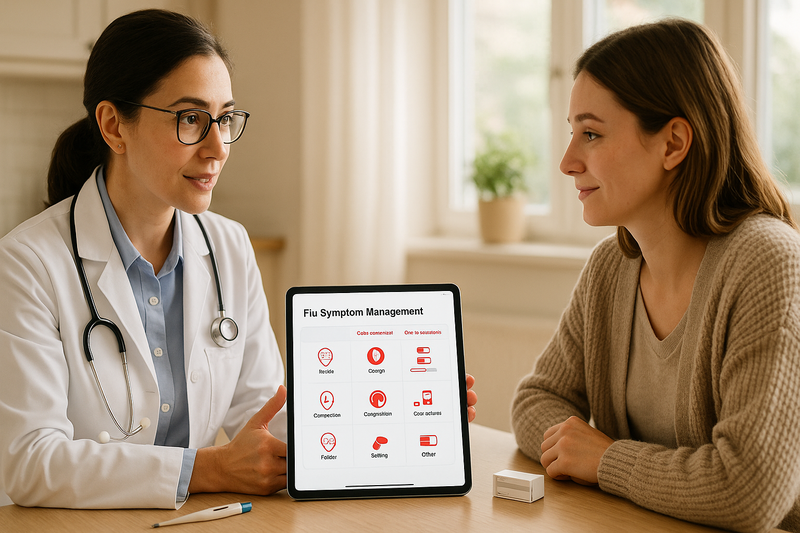 Physician and patient review best OTC medicine for flu by matching symptoms to medication options on a digital chart.