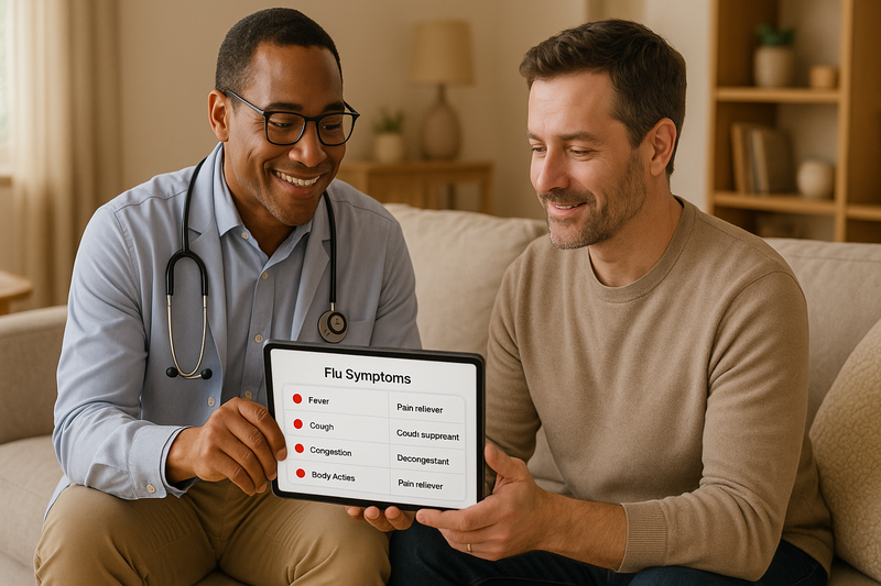 A physician and patient review a tablet chart comparing over the counter flu remedies by symptom in a warm, comfortable living room.