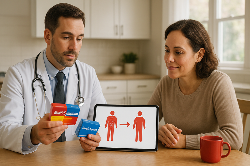 Doctor discussing over the counter flu remedies with a patient while comparing combination and single-symptom medications using a tablet chart