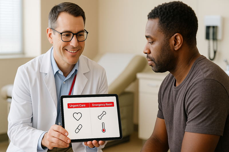 Physician and patient reviewing an urgent care vs emergency side-by-side chart on a tablet in a modern clinical exam room.