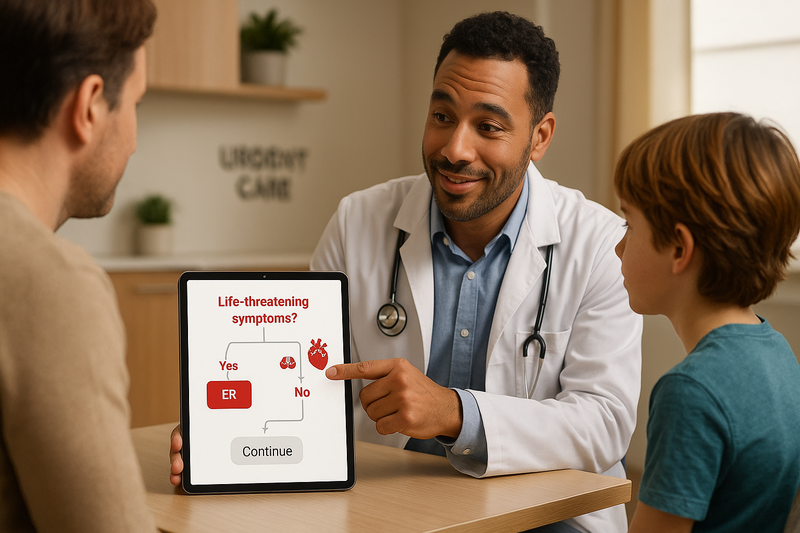 Doctor guiding a family through an urgent care vs emergency decision tree on a tablet in a welcoming clinic