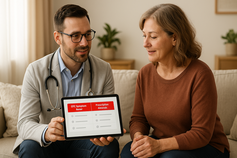 Physician explains best OTC medicine for flu versus prescription antivirals on a tablet comparison chart to an adult patient in a welcoming home setting