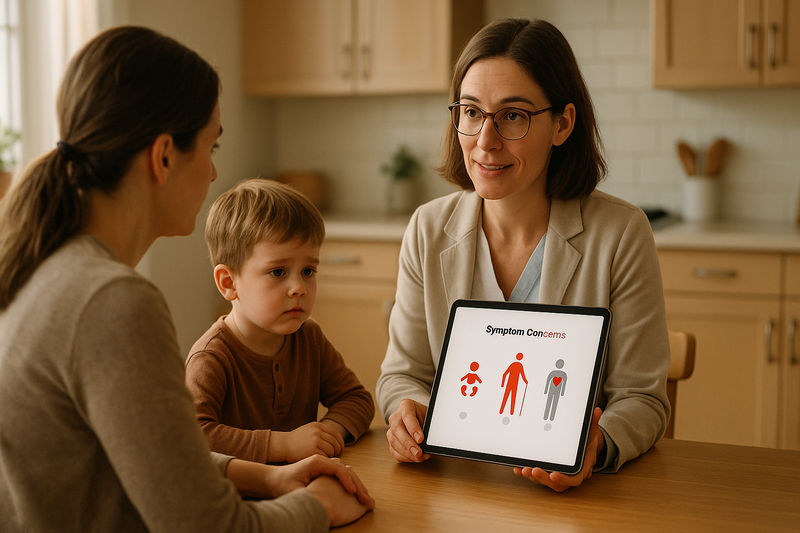 Clinician explains when to see a doctor for a cold to a parent and child, highlighting high-risk groups on a digital chart