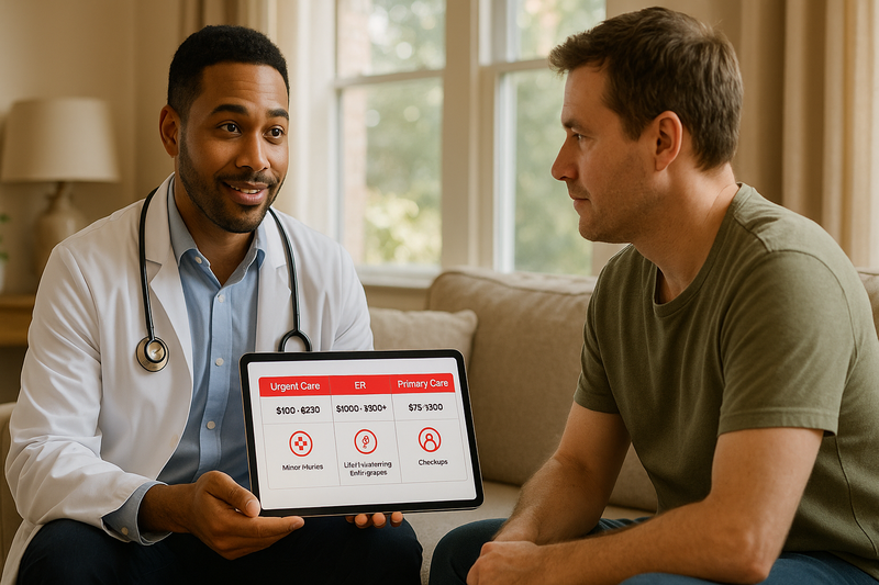 Physician explains cost comparison chart for urgent care, ER, and primary care to a patient, highlighting how much does it cost to go to urgent care.