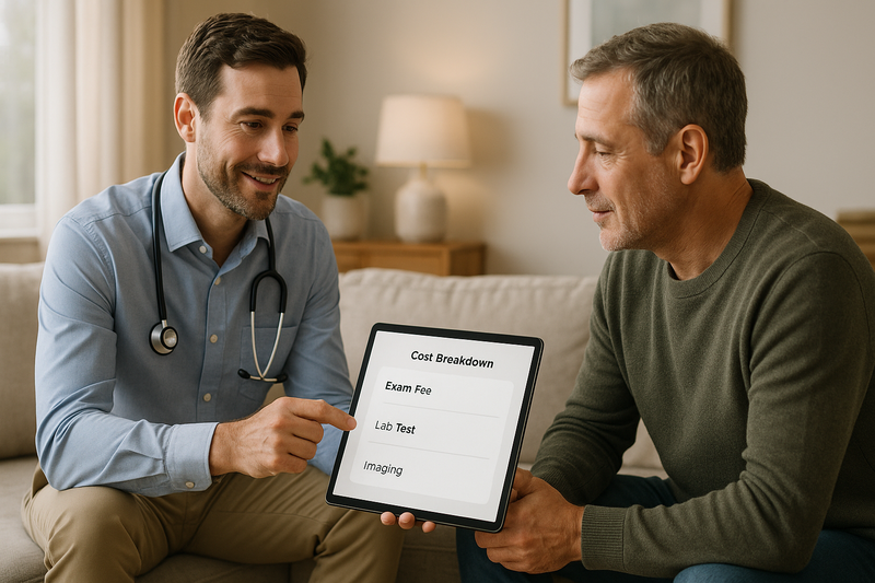Doctor reviewing a cost breakdown chart with a patient to explain how much does it cost to go to urgent care