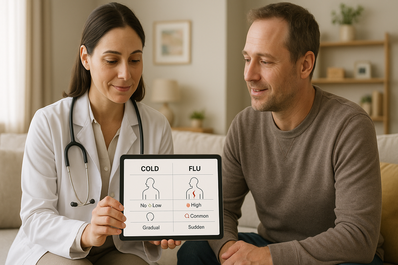 Doctor and patient review tablet chart comparing flu and cold symptoms—guiding when to see a doctor for a cold.
