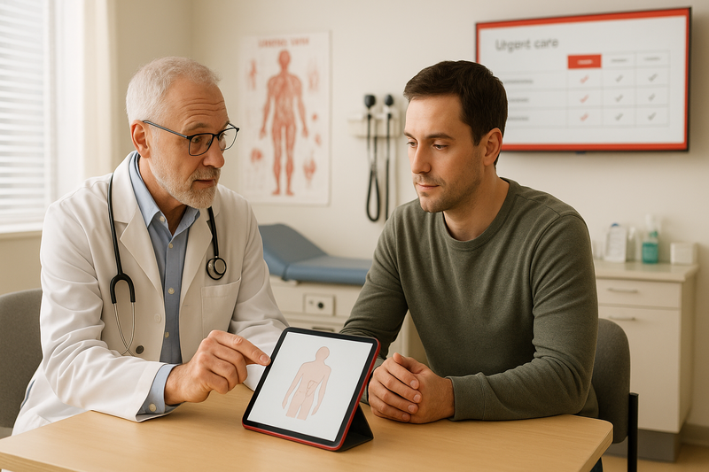 Modern urgent care clinic with board-certified physician explaining digital diagnostic results to a patient, highlighting urgent care services near me in a clean, welcoming environment.