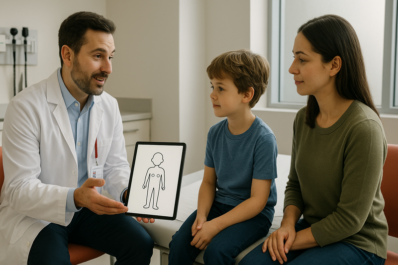 A pediatric provider calmly explains test results to a parent and child in a modern urgent care exam room, emphasizing urgent care for children in a supportive setting.