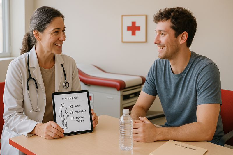 Physician at urgent care reviewing checklist with patient during a does urgent care do physicals appointment