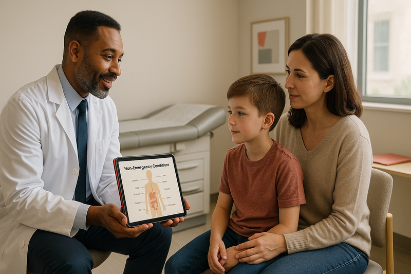 Physician at urgent care clinic in California discussing non-emergency treatment options with a family, illustrating urgent care services near me