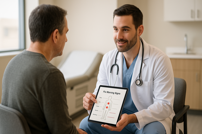 Clinician in modern urgent care explains flu warning signs using a tablet chart, highlighting need for best over the counter flu meds evaluation.