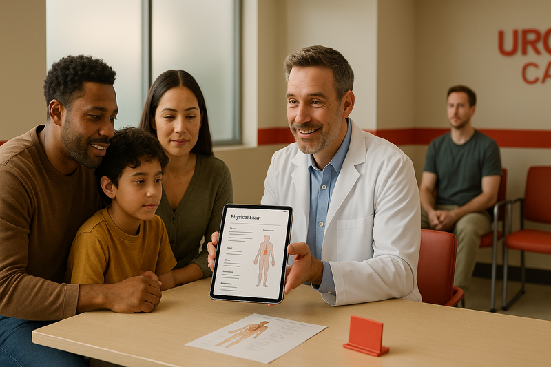 California urgent care clinic with a diverse family and working adult meeting with a physician for a physical exam, showing the does urgent care do physicals process.