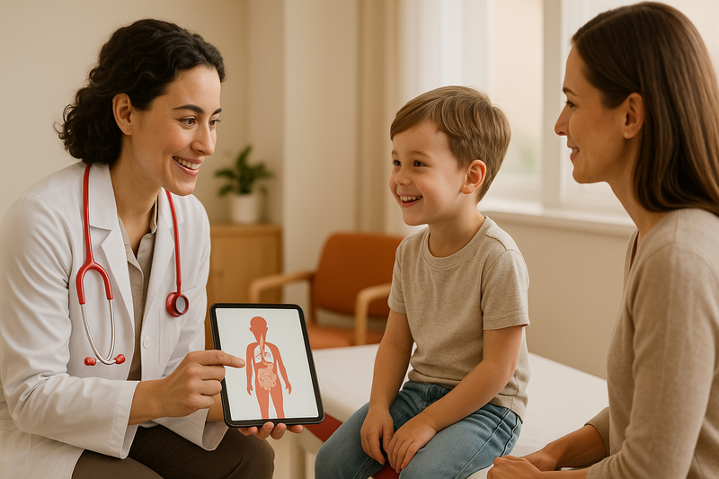 Pediatric provider explains a chart to a parent and child in a calm, welcoming urgent care for children clinic.