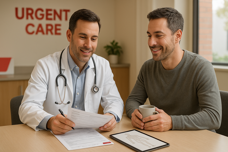 Provider reviews physical exam paperwork with patient at Prime Urgent Care, illustrating where can I get a physical exam near me in California