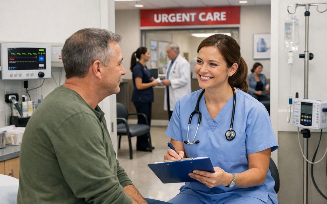 Modern urgent care clinic with nurse consulting patient in clean treatment room, bright lighting, and professional medical