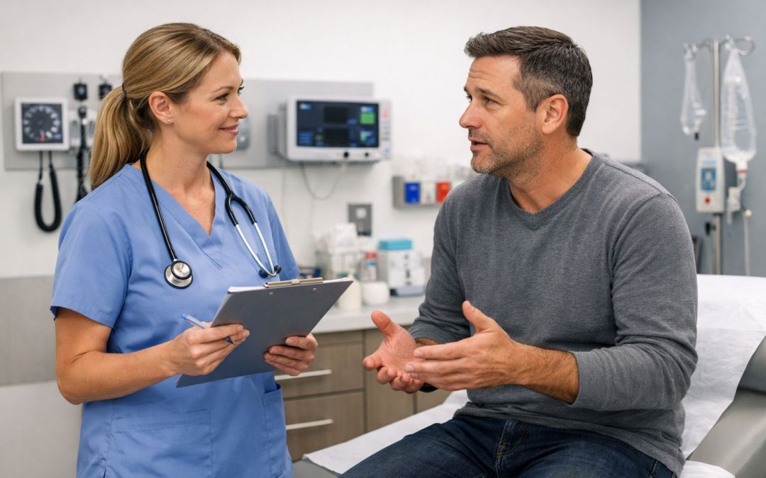 urgent care nurse consulting with adult patient in a clean clinic exam room, discussing symptoms related to headache and