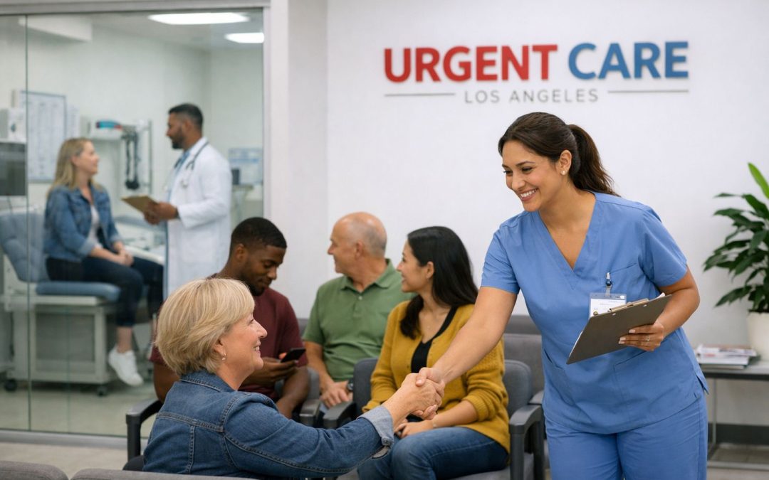 Modern Los Angeles urgent care clinic with patients in waiting area and medical staff providing consultations in clean,